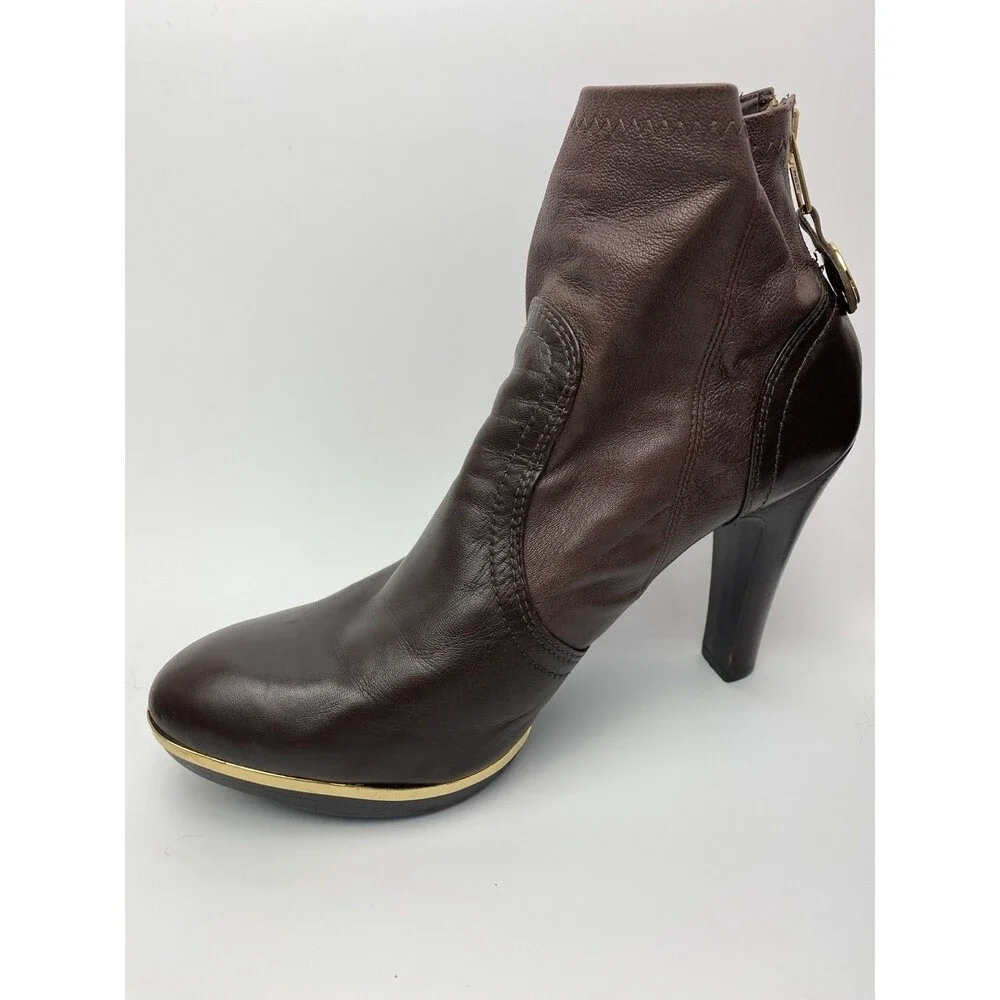 Tory Burch Brown Soft Leather Boots 9.5 M Back Zip Gold Logo & Toe Rim